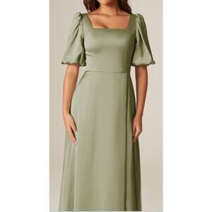 AW BRIDAL 2 XS fennel seed green Etta satin formal bridesmaid maxi dress NEW b85